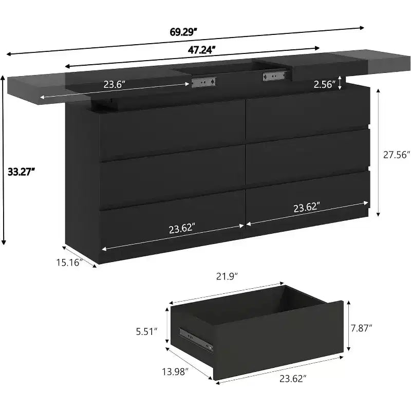 Comò moderno nero/bianco a 6 cassetti con luci LED e piano scorrevole – 1 persona