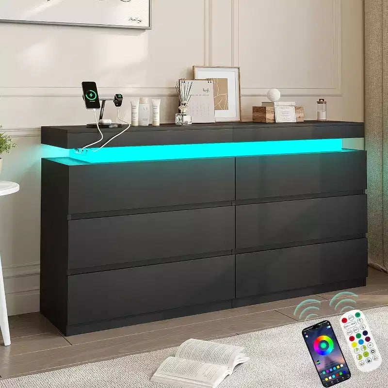 Comò moderno nero/bianco a 6 cassetti con luci LED e piano scorrevole – 1 persona