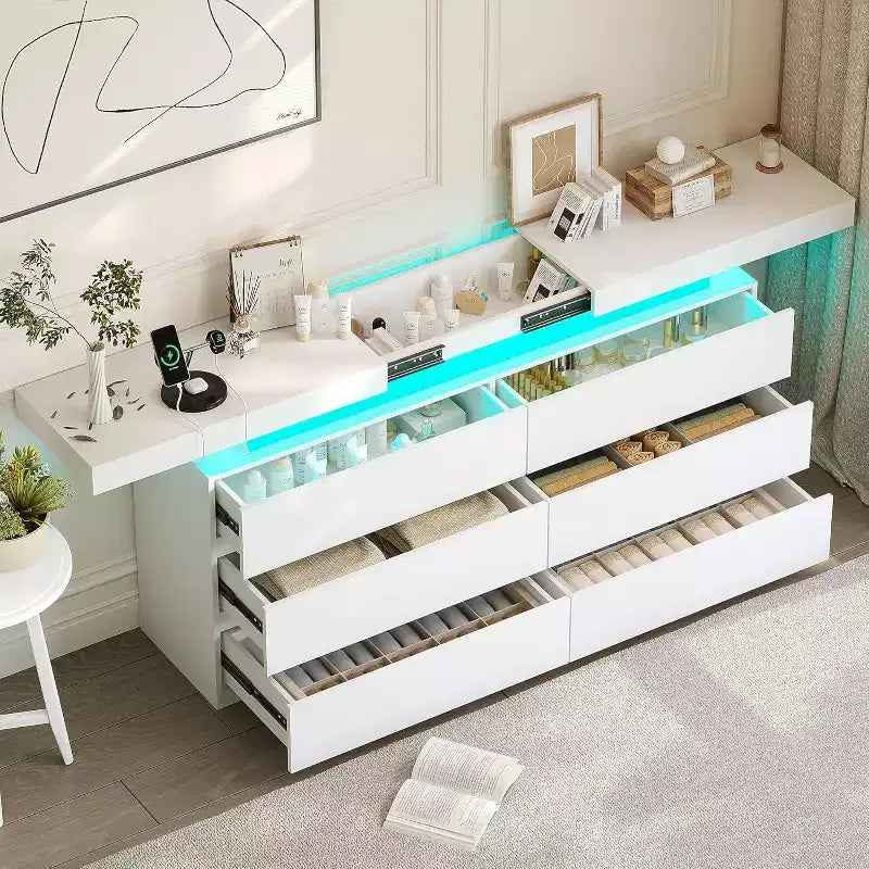 Comò moderno nero/bianco a 6 cassetti con luci LED e piano scorrevole – 1 persona