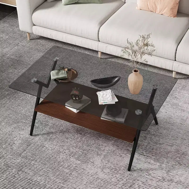 Tavolino da Caffè a 2 Ripiani in Vetro Temperato con Gambe in Metallo — Grigio Nero / Grigio Marrone / Trasparente (Nero, Oro, Bianco)