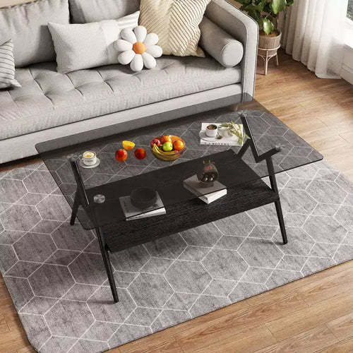 Tavolino da Caffè a 2 Ripiani in Vetro Temperato con Gambe in Metallo — Grigio Nero / Grigio Marrone / Trasparente (Nero, Oro, Bianco)