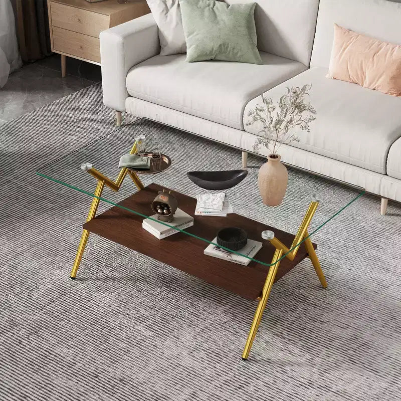 Tavolino da Caffè a 2 Ripiani in Vetro Temperato con Gambe in Metallo — Grigio Nero / Grigio Marrone / Trasparente (Nero, Oro, Bianco)