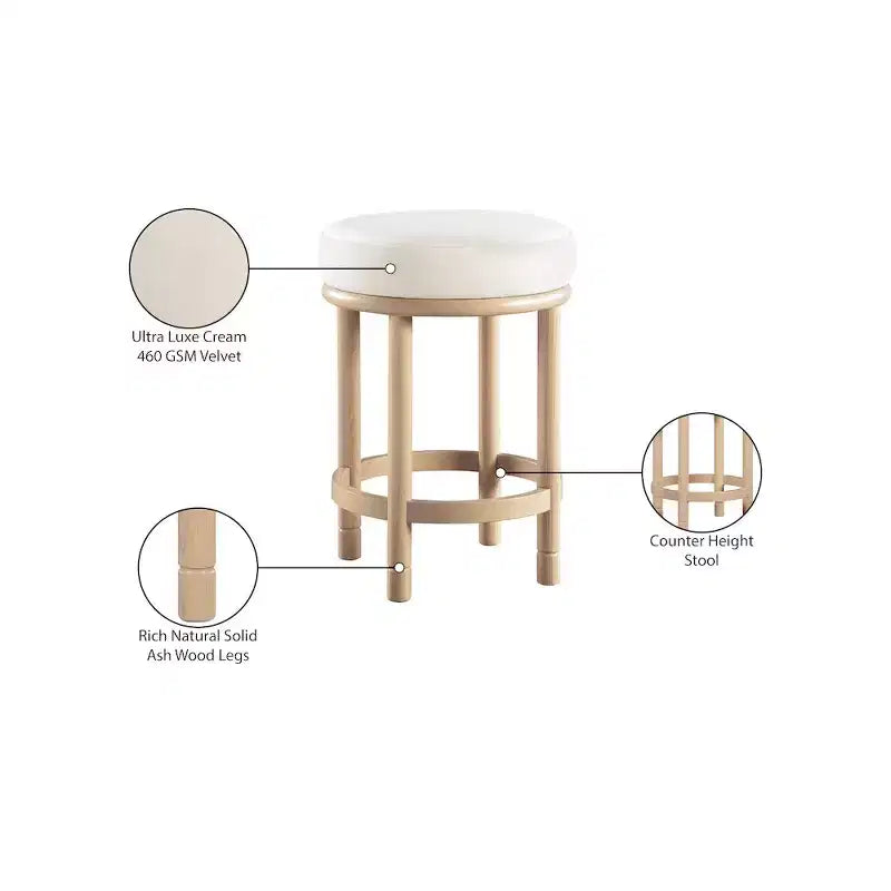 Sgabello da bancone rotondo in velluto crema - 1 posto