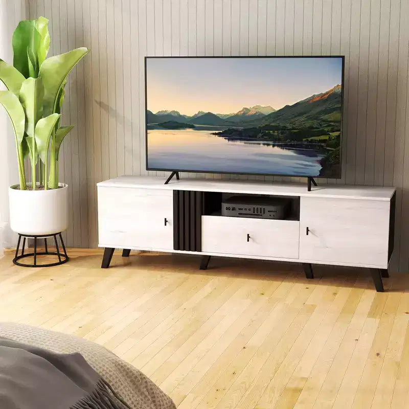 Mobile TV moderno di metà secolo, rovere e nero, per TV fino a 80", assemblaggio per 2 persone