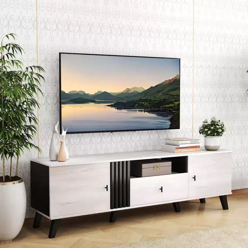 Mobile TV moderno di metà secolo, rovere e nero, per TV fino a 80", assemblaggio per 2 persone