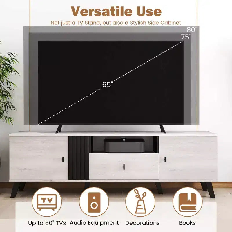 Mobile TV moderno di metà secolo, rovere e nero, per TV fino a 80", assemblaggio per 2 persone
