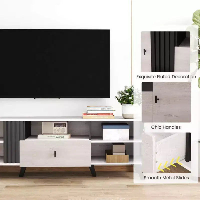 Mobile TV moderno di metà secolo, rovere e nero, per TV fino a 80", assemblaggio per 2 persone