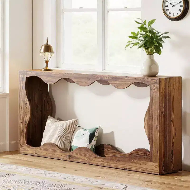 Consolle marrone a 2 ripiani con bordo smerlato, 160 cm