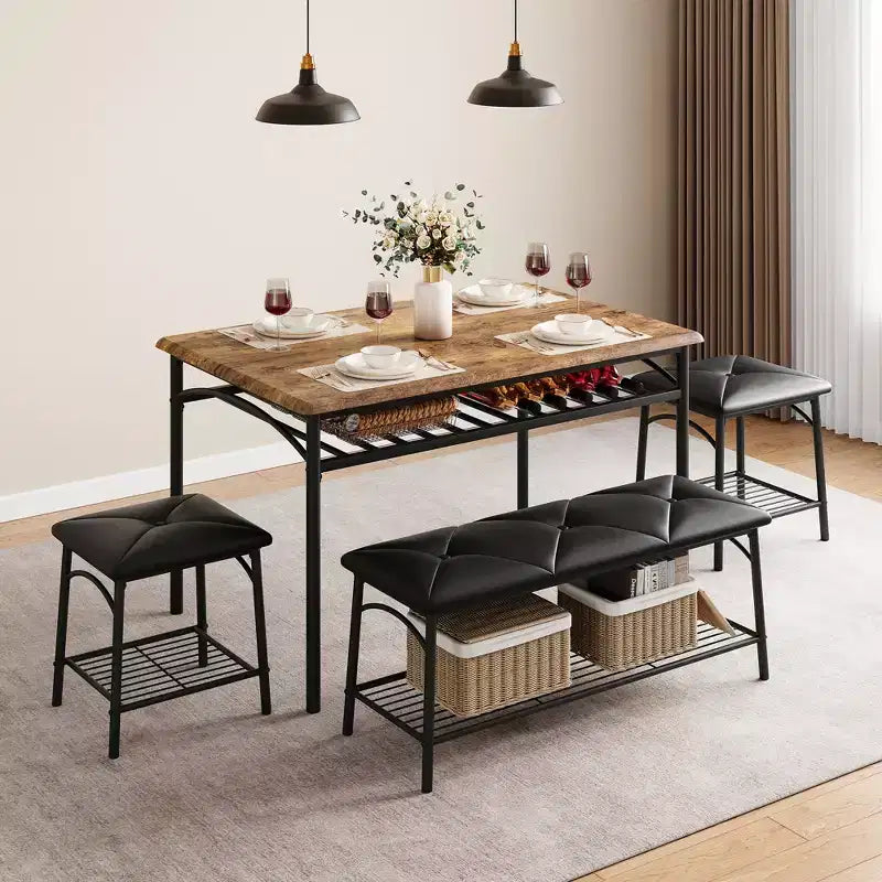 Set tavolo da pranzo per 4 persone con panca imbottita e 2 sgabelli quadrati – Nero / Marrone / Grigio