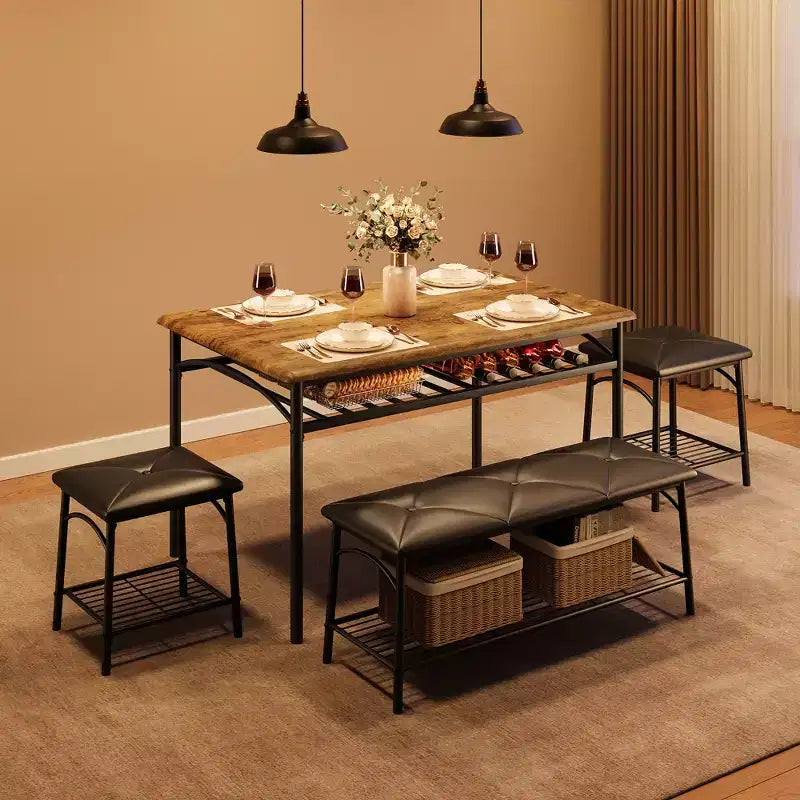 Set tavolo da pranzo per 4 persone con panca imbottita e 2 sgabelli quadrati – Nero / Marrone / Grigio