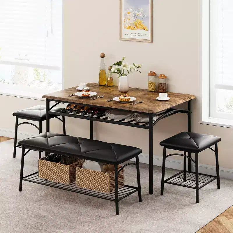 Set tavolo da pranzo per 4 persone con panca imbottita e 2 sgabelli quadrati – Nero / Marrone / Grigio