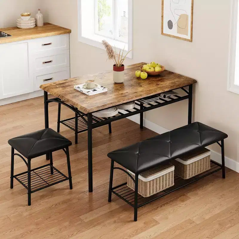 Set tavolo da pranzo per 4 persone con panca imbottita e 2 sgabelli quadrati – Nero / Marrone / Grigio