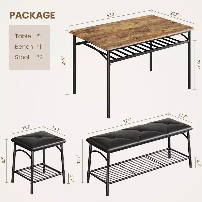 Set tavolo da pranzo per 4 persone con panca imbottita e 2 sgabelli quadrati – Nero / Marrone / Grigio