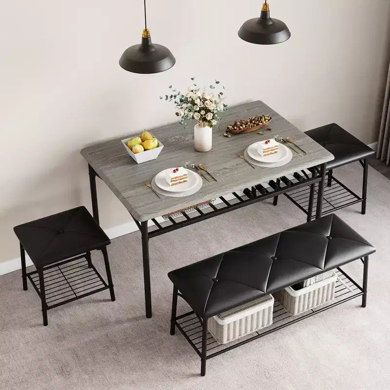 Set tavolo da pranzo per 4 persone con panca imbottita e 2 sgabelli quadrati – Nero / Marrone / Grigio
