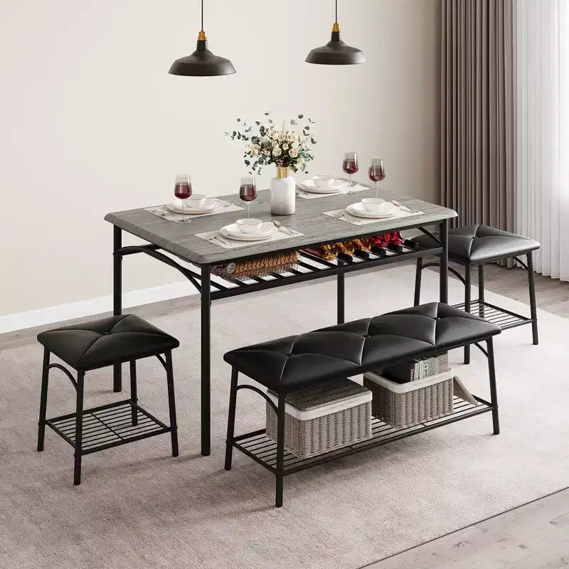 Set tavolo da pranzo per 4 persone con panca imbottita e 2 sgabelli quadrati – Nero / Marrone / Grigio