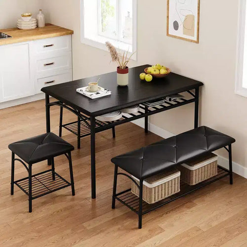 Set tavolo da pranzo per 4 persone con panca imbottita e 2 sgabelli quadrati – Nero / Marrone / Grigio
