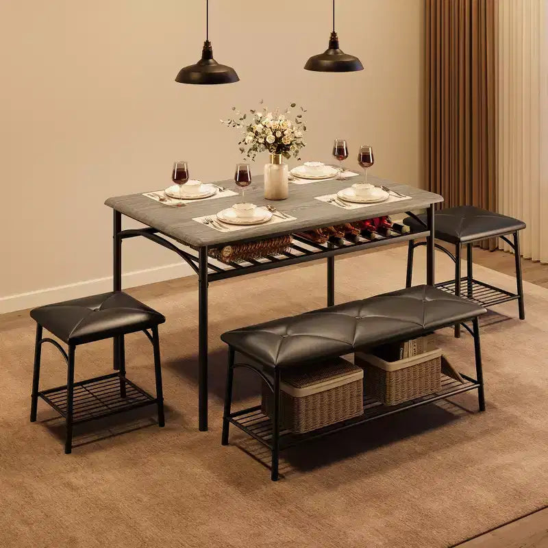 Set tavolo da pranzo per 4 persone con panca imbottita e 2 sgabelli quadrati – Nero / Marrone / Grigio
