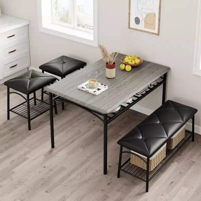 Set tavolo da pranzo per 4 persone con panca imbottita e 2 sgabelli quadrati – Nero / Marrone / Grigio