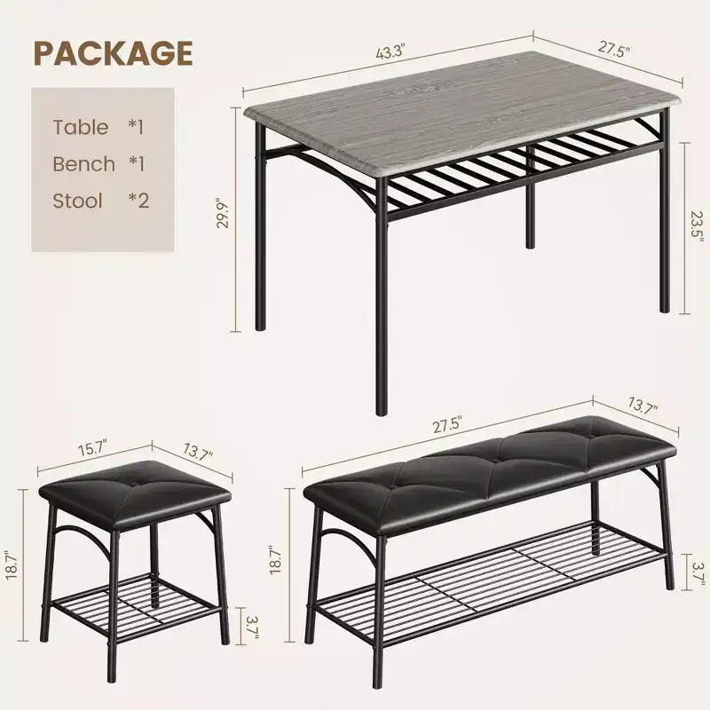 Set tavolo da pranzo per 4 persone con panca imbottita e 2 sgabelli quadrati – Nero / Marrone / Grigio