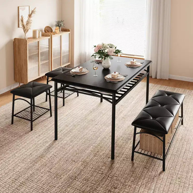 Set tavolo da pranzo per 4 persone con panca imbottita e 2 sgabelli quadrati – Nero / Marrone / Grigio