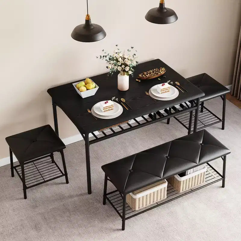 Set tavolo da pranzo per 4 persone con panca imbottita e 2 sgabelli quadrati – Nero / Marrone / Grigio