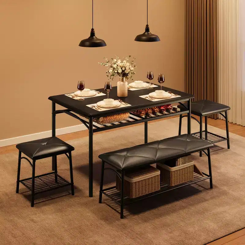 Set tavolo da pranzo per 4 persone con panca imbottita e 2 sgabelli quadrati – Nero / Marrone / Grigio