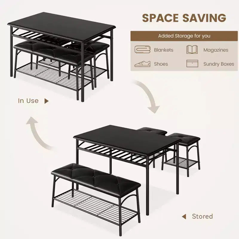 Set tavolo da pranzo per 4 persone con panca imbottita e 2 sgabelli quadrati – Nero / Marrone / Grigio