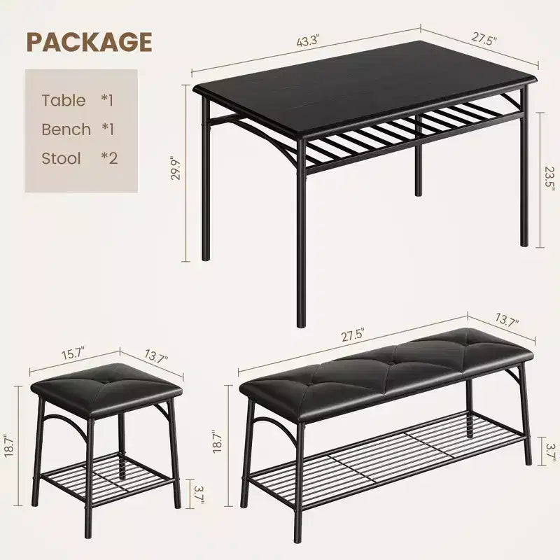 Set tavolo da pranzo per 4 persone con panca imbottita e 2 sgabelli quadrati – Nero / Marrone / Grigio
