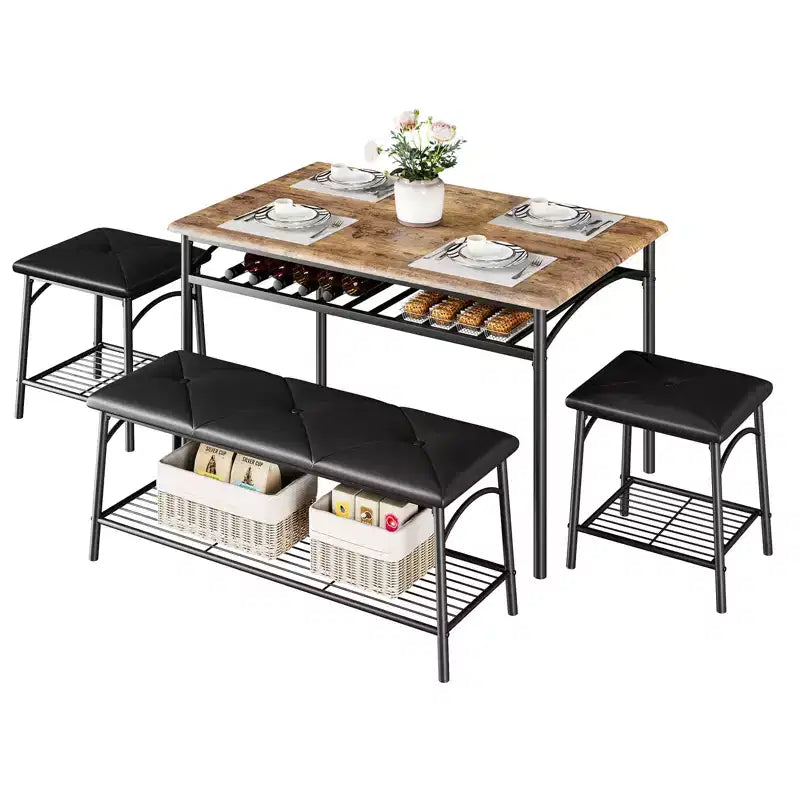 Set tavolo da pranzo per 4 persone con panca imbottita e 2 sgabelli quadrati – Nero / Marrone / Grigio