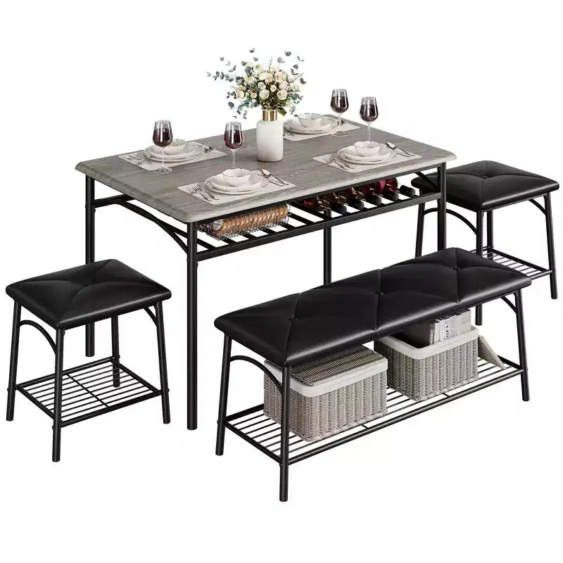 Set tavolo da pranzo per 4 persone con panca imbottita e 2 sgabelli quadrati – Nero / Marrone / Grigio