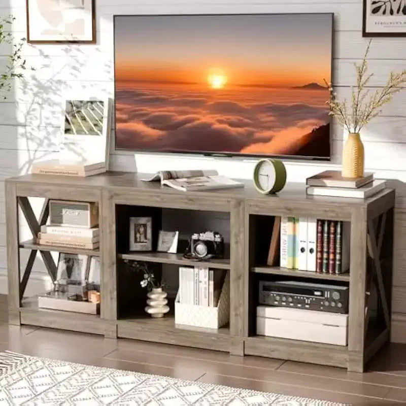VINGLI TV Stand for 70 Inch TV, Farmhouse Entertainment Center with Storage, Gray Oak