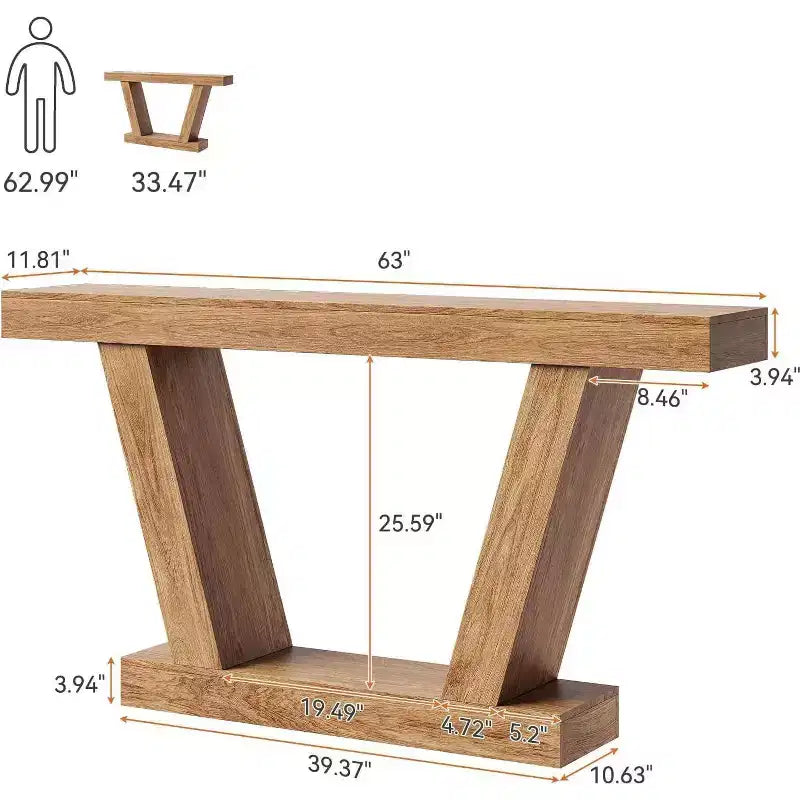 Consolle rustica extra lunga a doppio strato – stretta, a 2 ripiani, color tortora/legno