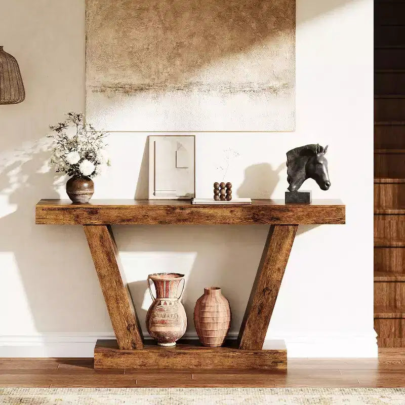 Consolle rustica extra lunga a doppio strato – stretta, a 2 ripiani, color tortora/legno