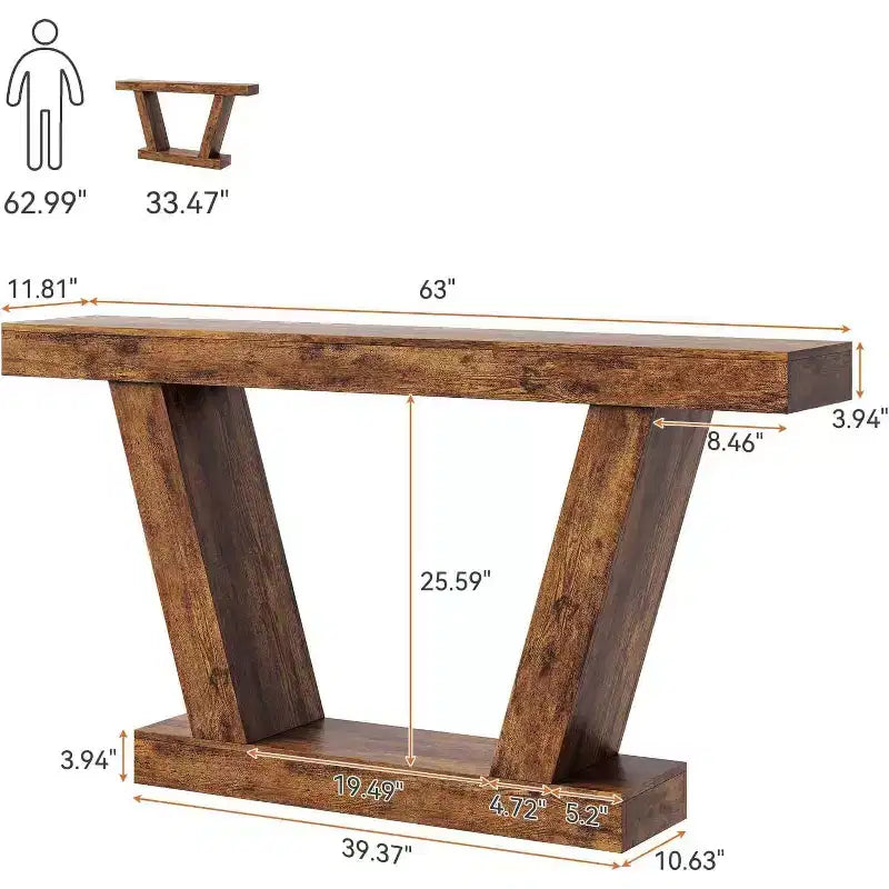Consolle rustica extra lunga a doppio strato – stretta, a 2 ripiani, color tortora/legno