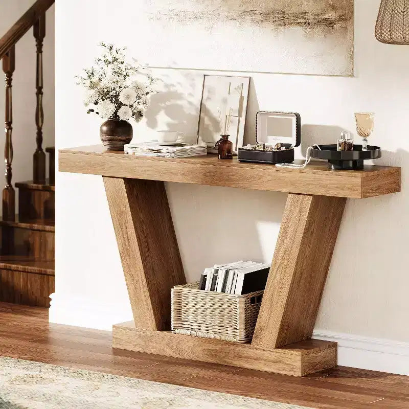 Consolle rustica extra lunga a doppio strato – stretta, a 2 ripiani, color tortora/legno