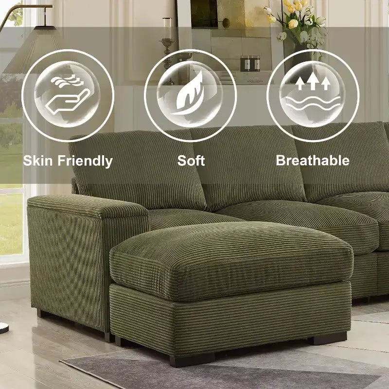 Divano Sezionale con Pouf, Seduta Profonda, 4 Posti — Beige / Verde / Arancione