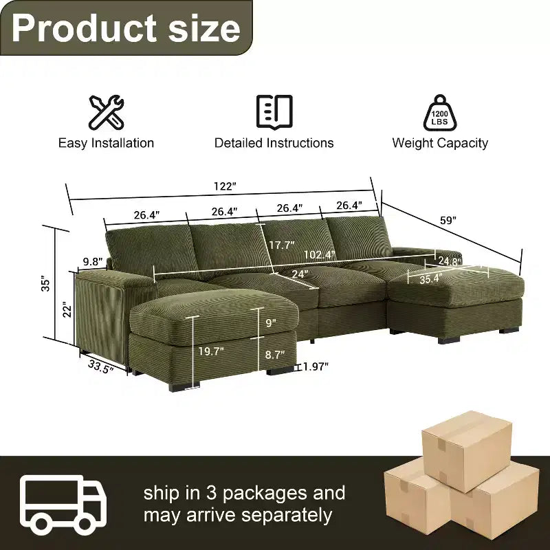 Divano Sezionale con Pouf, Seduta Profonda, 4 Posti — Beige / Verde / Arancione