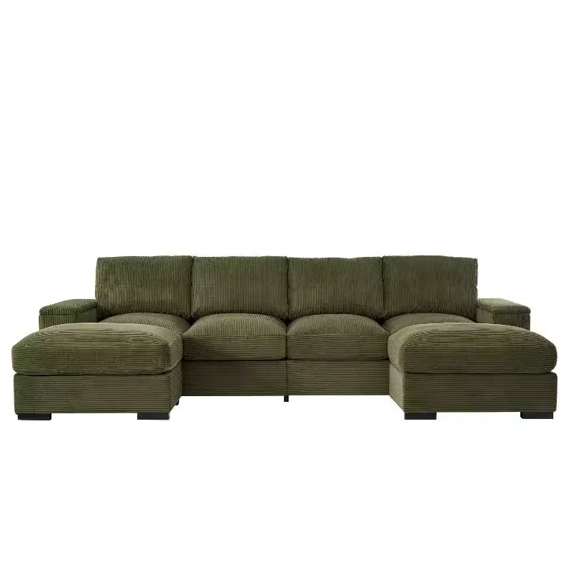 Divano Sezionale con Pouf, Seduta Profonda, 4 Posti — Beige / Verde / Arancione