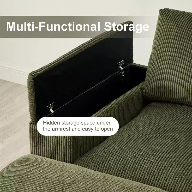 Divano Sezionale con Pouf, Seduta Profonda, 4 Posti — Beige / Verde / Arancione
