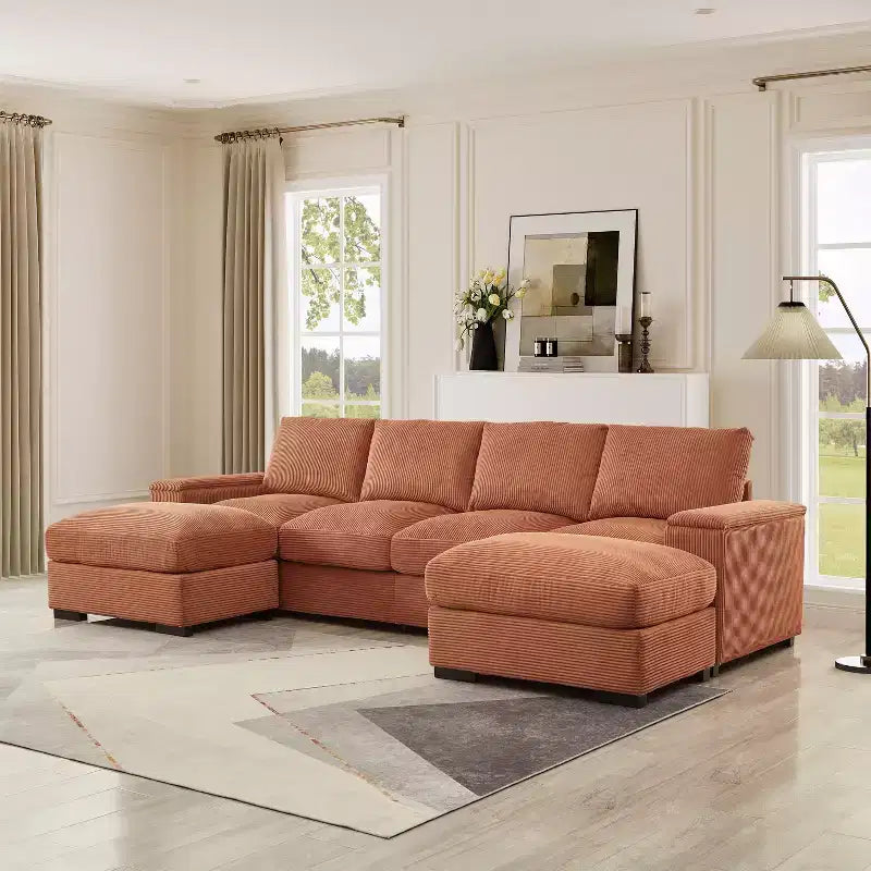 Divano Sezionale con Pouf, Seduta Profonda, 4 Posti — Beige / Verde / Arancione