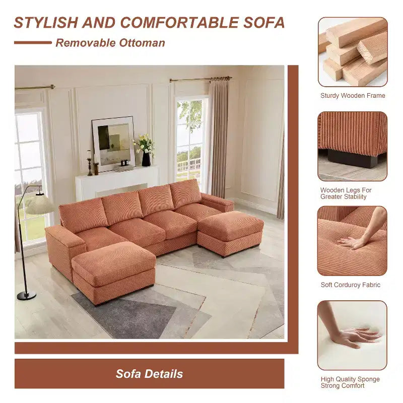 Divano Sezionale con Pouf, Seduta Profonda, 4 Posti — Beige / Verde / Arancione