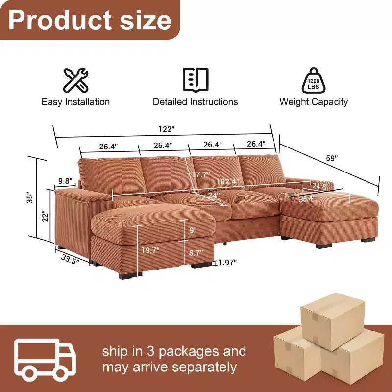 Divano Sezionale con Pouf, Seduta Profonda, 4 Posti — Beige / Verde / Arancione