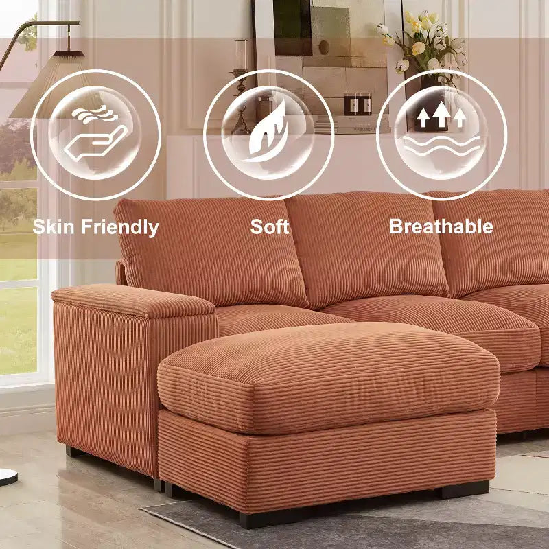 Divano Sezionale con Pouf, Seduta Profonda, 4 Posti — Beige / Verde / Arancione