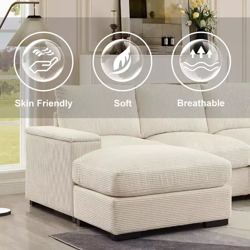 Divano Sezionale con Pouf, Seduta Profonda, 4 Posti — Beige / Verde / Arancione