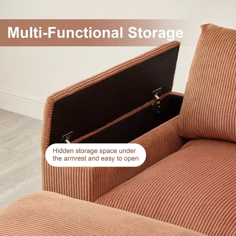 Divano Sezionale con Pouf, Seduta Profonda, 4 Posti — Beige / Verde / Arancione