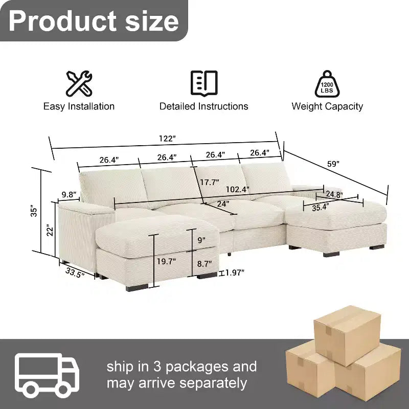Divano Sezionale con Pouf, Seduta Profonda, 4 Posti — Beige / Verde / Arancione