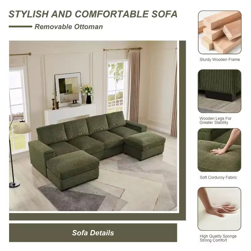 Divano Sezionale con Pouf, Seduta Profonda, 4 Posti — Beige / Verde / Arancione