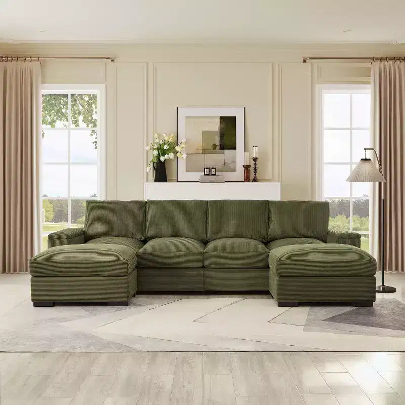Divano Sezionale con Pouf, Seduta Profonda, 4 Posti — Beige / Verde / Arancione