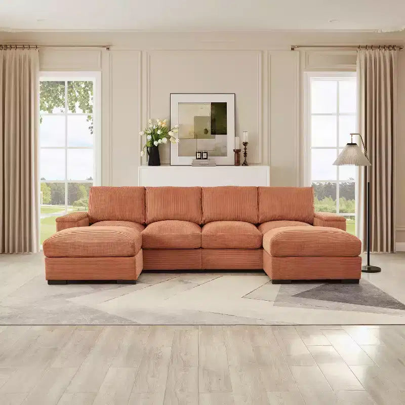 Divano Sezionale con Pouf, Seduta Profonda, 4 Posti — Beige / Verde / Arancione