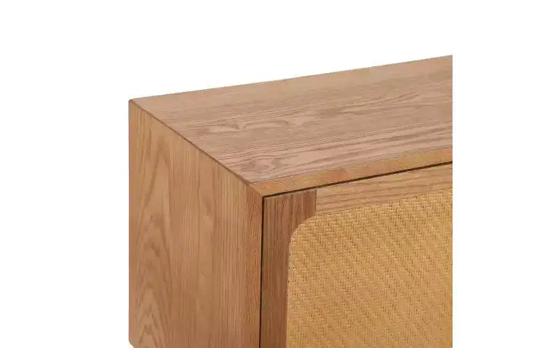 Comodino a Mezzaluna Marrone con Cassetto, Stile Rattan Mid-Century Moderno, Uso Singolo